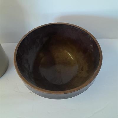 Vintage canning crock and primitive stoneware bowl