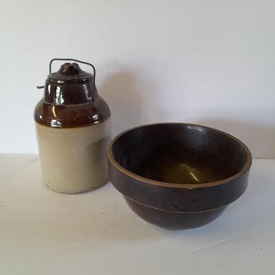Vintage canning crock and primitive stoneware bowl