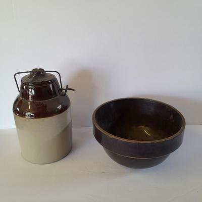 Vintage canning crock and primitive stoneware bowl