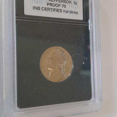 Three P Jefferson 5c Proof full / strong strike INB Certified Nickels - Keelboat MS70