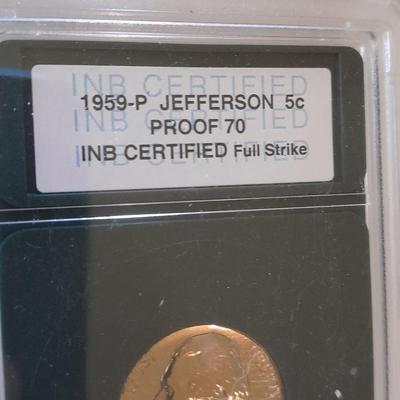 Three P Jefferson 5c Proof full / strong strike INB Certified Nickels - Keelboat MS70