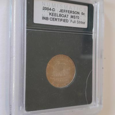 Three P Jefferson 5c Proof full / strong strike INB Certified Nickels - Keelboat MS70