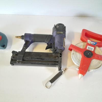 Chicago Electric Pneumatic Nailer/Stapler, chalk line and a 100-foot open face tape measure