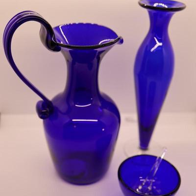 SIGNED Bristol Colbat Blue Glass Pitcher, Small Bowl With Glass Spoon. and Vase