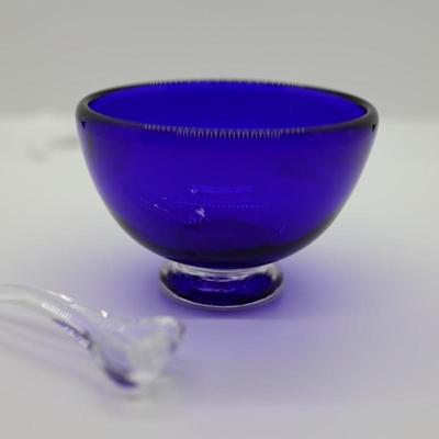 SIGNED Bristol Colbat Blue Glass Pitcher, Small Bowl With Glass Spoon. and Vase