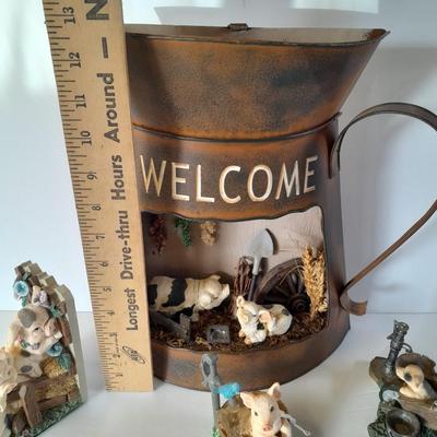 Tin pitcher Welcome wall Hanging with pigs, and other County pig Figures