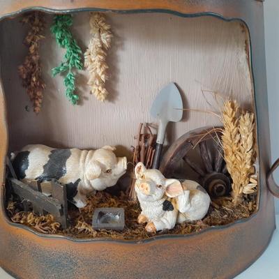 Tin pitcher Welcome wall Hanging with pigs, and other County pig Figures