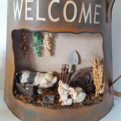 Tin pitcher Welcome wall Hanging with pigs, and other County pig Figures