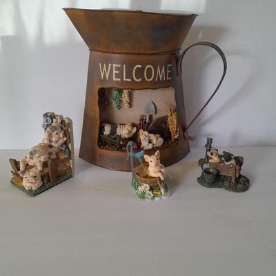 Tin pitcher Welcome wall Hanging with pigs, and other County pig Figures