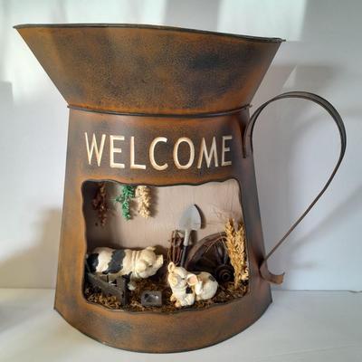 Tin pitcher Welcome wall Hanging with pigs, and other County pig Figures