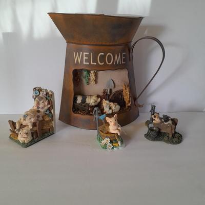 Tin pitcher Welcome wall Hanging with pigs, and other County pig Figures