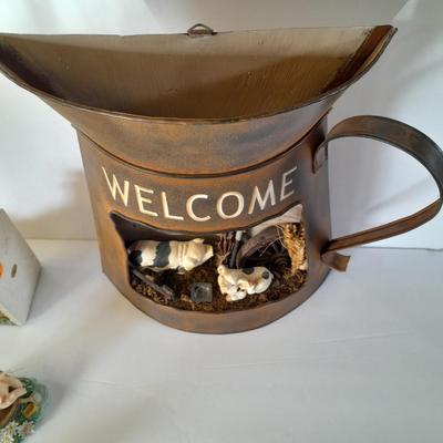 Tin pitcher Welcome wall Hanging with pigs, and other County pig Figures