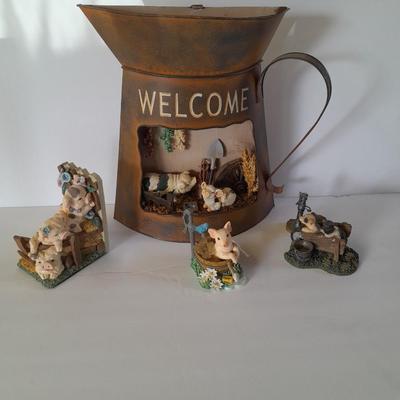 Tin pitcher Welcome wall Hanging with pigs, and other County pig Figures