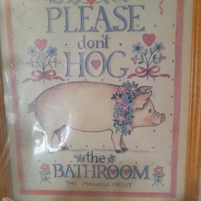 Don't HOG the Bathroom framed picture with Pig soap dispenser and other bath pig figures