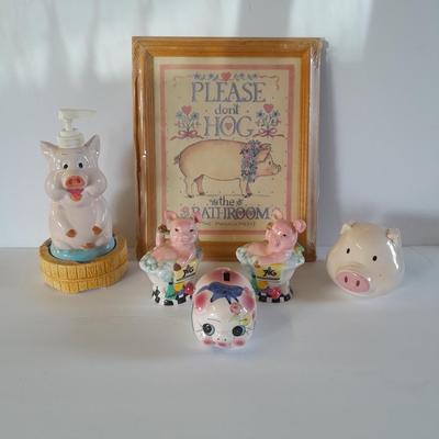 Don't HOG the Bathroom framed picture with Pig soap dispenser and other bath pig figures