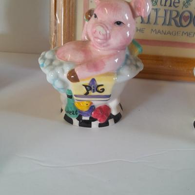 Don't HOG the Bathroom framed picture with Pig soap dispenser and other bath pig figures