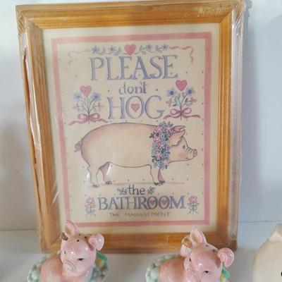 Don't HOG the Bathroom framed picture with Pig soap dispenser and other bath pig figures
