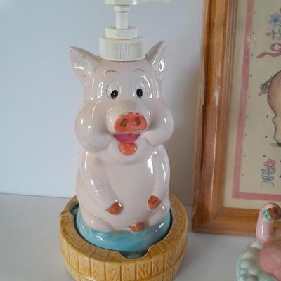 Don't HOG the Bathroom framed picture with Pig soap dispenser and other bath pig figures