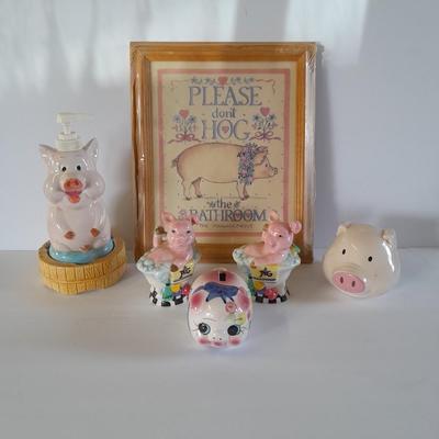 Don't HOG the Bathroom framed picture with Pig soap dispenser and other bath pig figures