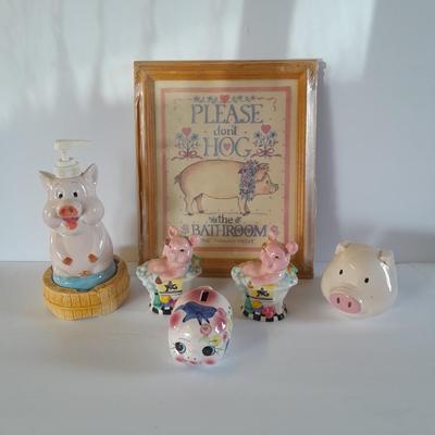 Don't HOG the Bathroom framed picture with Pig soap dispenser and other bath pig figures