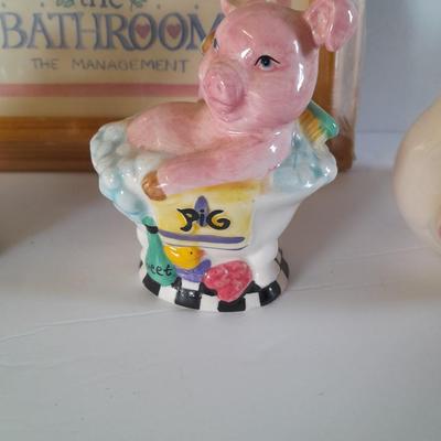 Don't HOG the Bathroom framed picture with Pig soap dispenser and other bath pig figures