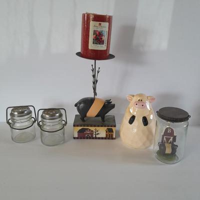 Farm Pig figures and vintage salt & pepper jars