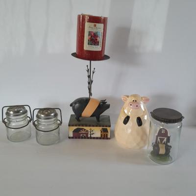 Farm Pig figures and vintage salt & pepper jars