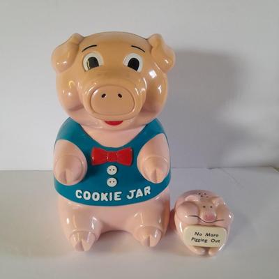 Talking plastic Pig cookie jar no more pigging out pig, and a pig tea pot