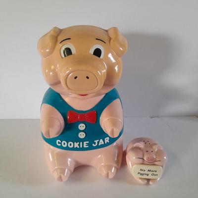 Talking plastic Pig cookie jar no more pigging out pig, and a pig tea pot