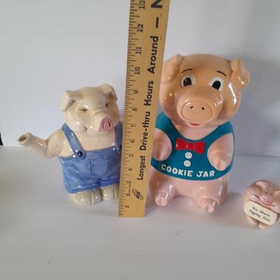 Talking plastic Pig cookie jar no more pigging out pig, and a pig tea pot