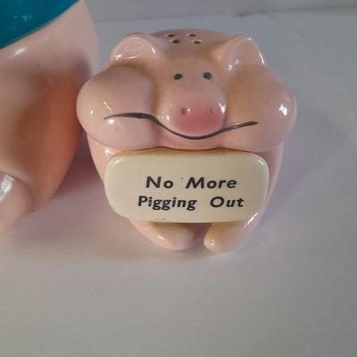 Talking plastic Pig cookie jar no more pigging out pig, and a pig tea pot