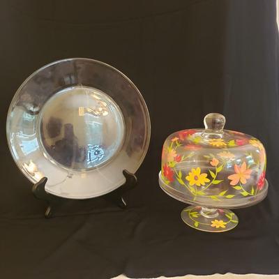 Hand Painted Cake Stand and Clear Plate (K-KD)