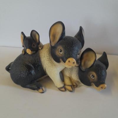 Black and white pig figures, Global art Harvey Knox Kingdom with miniature pitcher and bowl