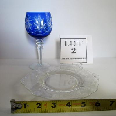 Blue Cut to Clear Tall Goblet and Cambridge Diane Plate