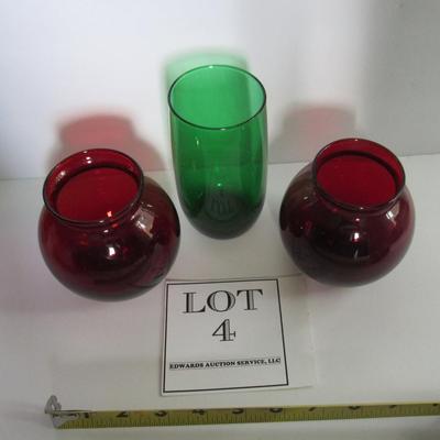 2 Ruby Red Ball Vases and Forest Green Tumbler