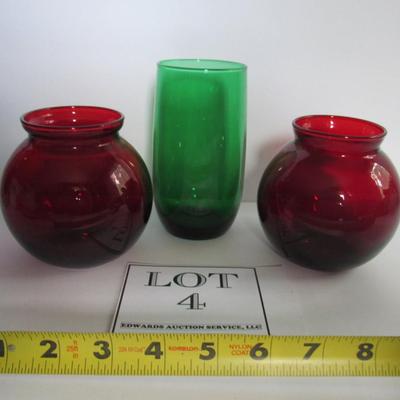 2 Ruby Red Ball Vases and Forest Green Tumbler