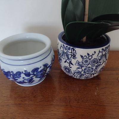 Set of Blue and White Ceramic Pottery Planters