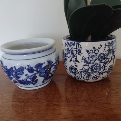 Set of Blue and White Ceramic Pottery Planters
