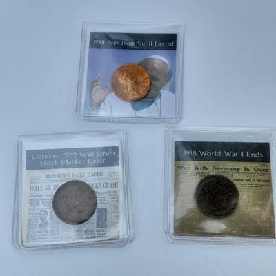 Three Collectible pennies, Wall Street stock market crash, Pope John Paul II, and end of WW1