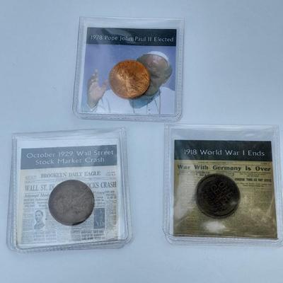 Three Collectible pennies, Wall Street stock market crash, Pope John Paul II, and end of WW1