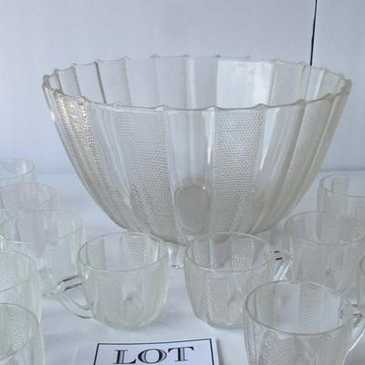 Vintage Jeanette Glass Dew Drop Pattern Punch Bowl Set, Holiday Entertaining!