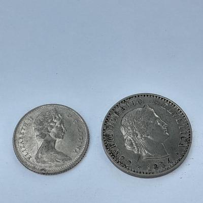 Two foreign coins, Conferatio Helvetica 194 & 1968 Elizabeth II 10 cents