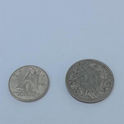 Two foreign coins, Conferatio Helvetica 194 & 1968 Elizabeth II 10 cents