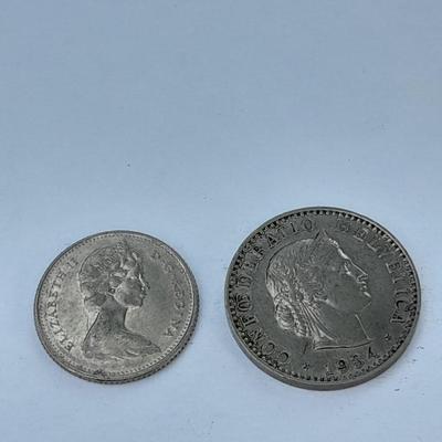 Two foreign coins, Conferatio Helvetica 194 & 1968 Elizabeth II 10 cents