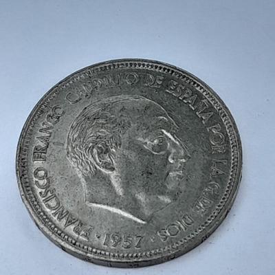1957 Spain, 5 Pesetas - Francisco Franco, Coat of Arms Spain, Francoist Eagle coin