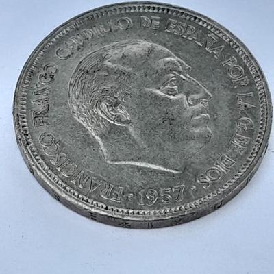 1957 Spain, 5 Pesetas - Francisco Franco, Coat of Arms Spain, Francoist Eagle coin