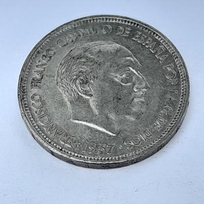 1957 Spain, 5 Pesetas - Francisco Franco, Coat of Arms Spain, Francoist Eagle coin