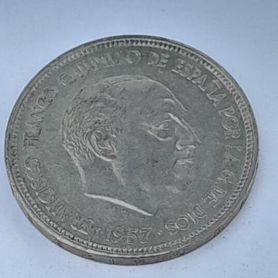 1957 Spain, 5 Pesetas - Francisco Franco, Coat of Arms Spain, Francoist Eagle coin