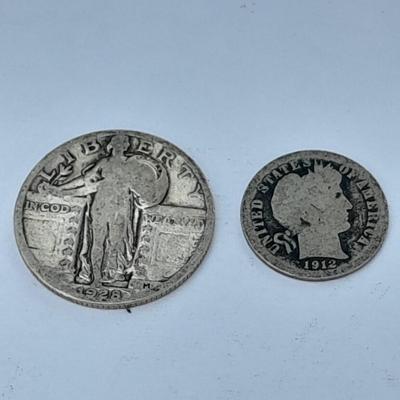 1928 Walking Liberty Quarter, and 1912 Barber dime