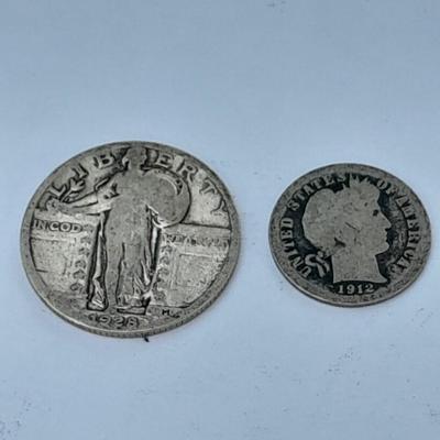 1928 Walking Liberty Quarter, and 1912 Barber dime
